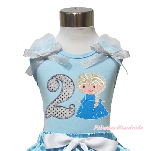 Light Blue Tank Top With White Ruffles & Sparkle Silver Grey Bow With Princess Elsa & 2nd Sparkle White Birthday Number Print TM270